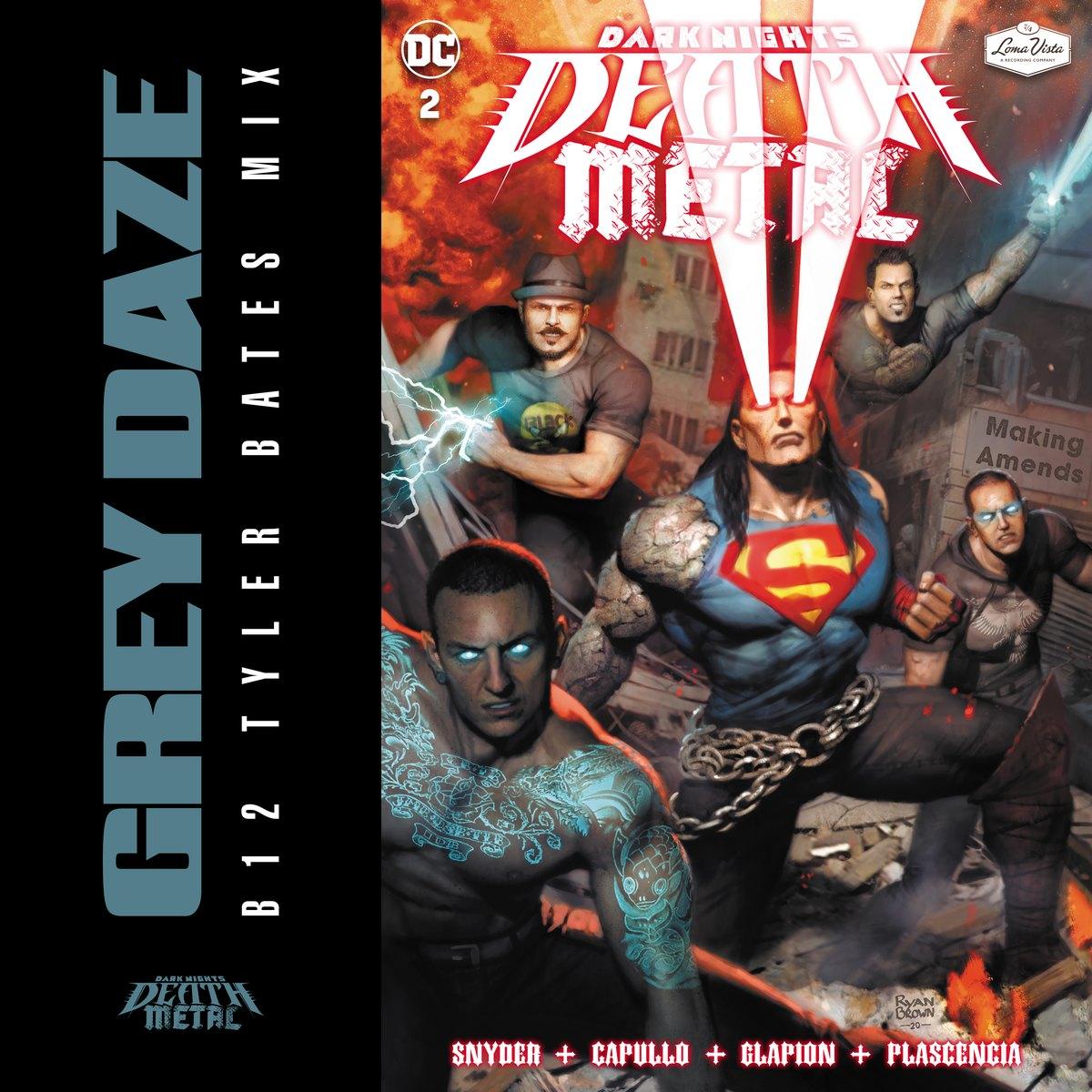 Dark Nights: Death Metal #2 Grey Daze variant cover, with the band as superheroes alongside Superman