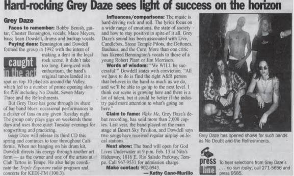 Newspaper clipping: Hard-rocking Grey Daze sees light of success on the horizon